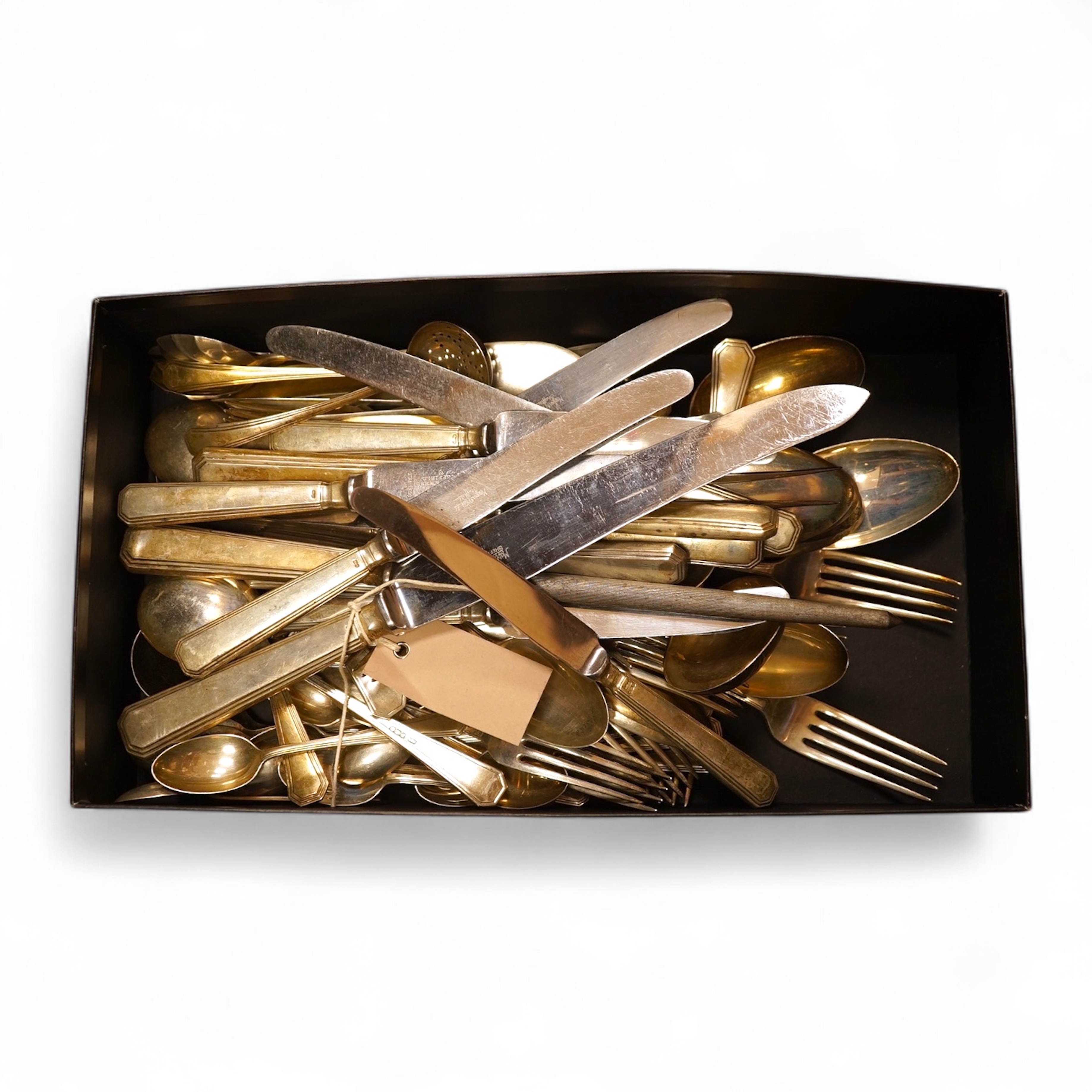 An Elizabeth II part canteen of silver cutlery, by Mappin & Webb, comprising six of the following, tablespoons, table forks, dessert spoons, soup spoons dessert forks, coffee spoons, teaspoons, grapefruit spoons, fish fo